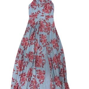 Blue and Pink Pleated Halter Maxi Dress for Weddings